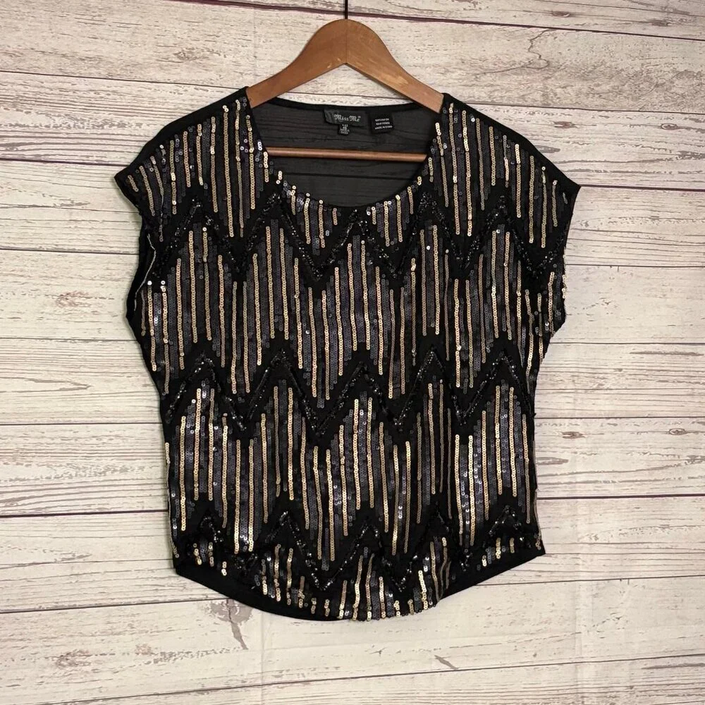 Miss Me Cocktail Hour Top‎ Blk Gld Blue Sequins XS
